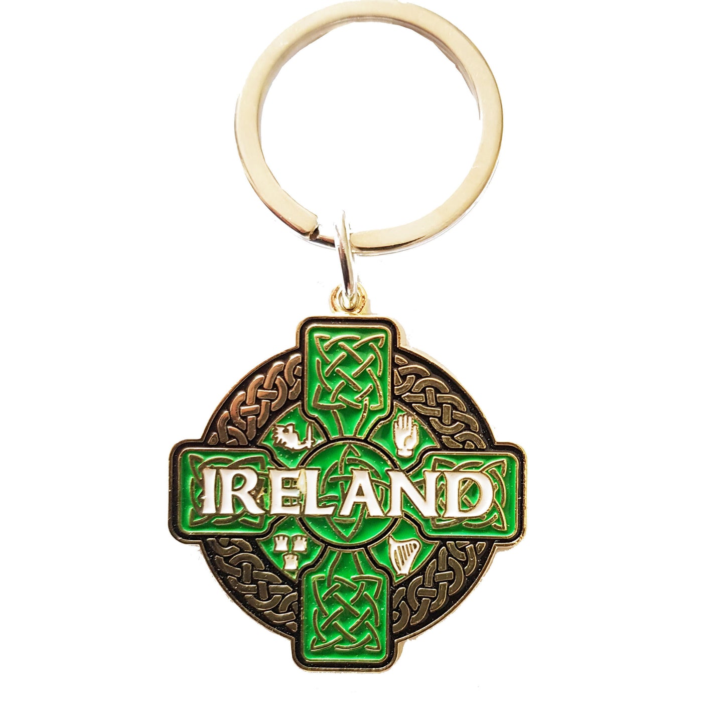 Irish Metal Keychain With Round Celtic Metal Cross Design & Ireland Print