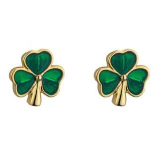 Gold Plated Shamrock Stud Earrings With Green Leaves