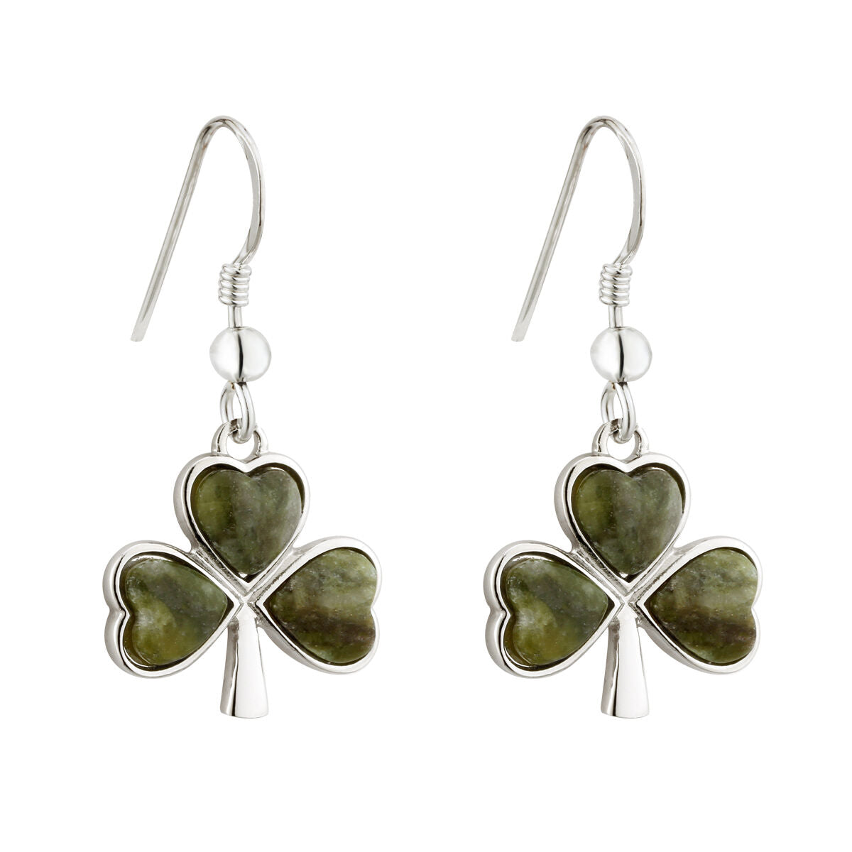 Rhodium Plated Connemara Marble Shamrock Droplet Drop Earrings