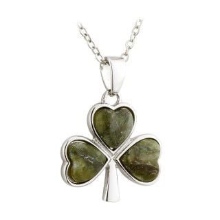 Rhodium Plated Connemara Marble Shamrock Necklace