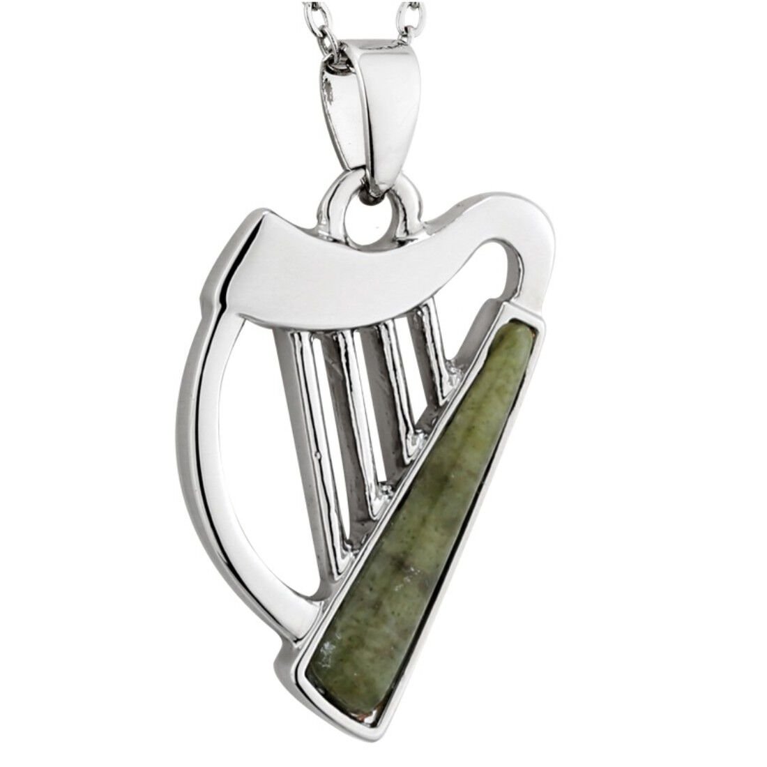 Rhodium Plated Green Connemara Marble Irish Harp Designed Necklace