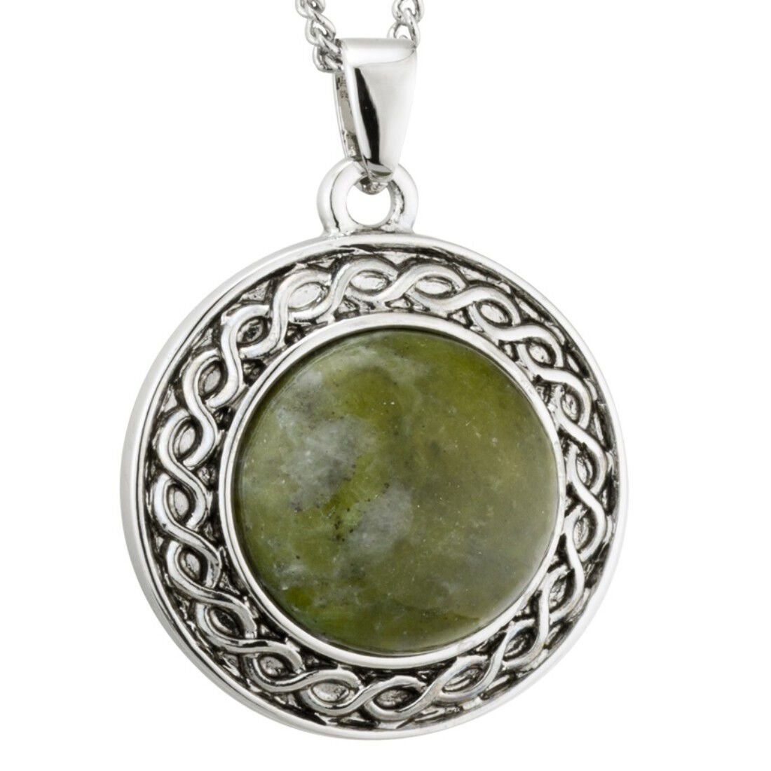 Rhodium Plated Connemara Marble Celtic Design Style Oval Necklace