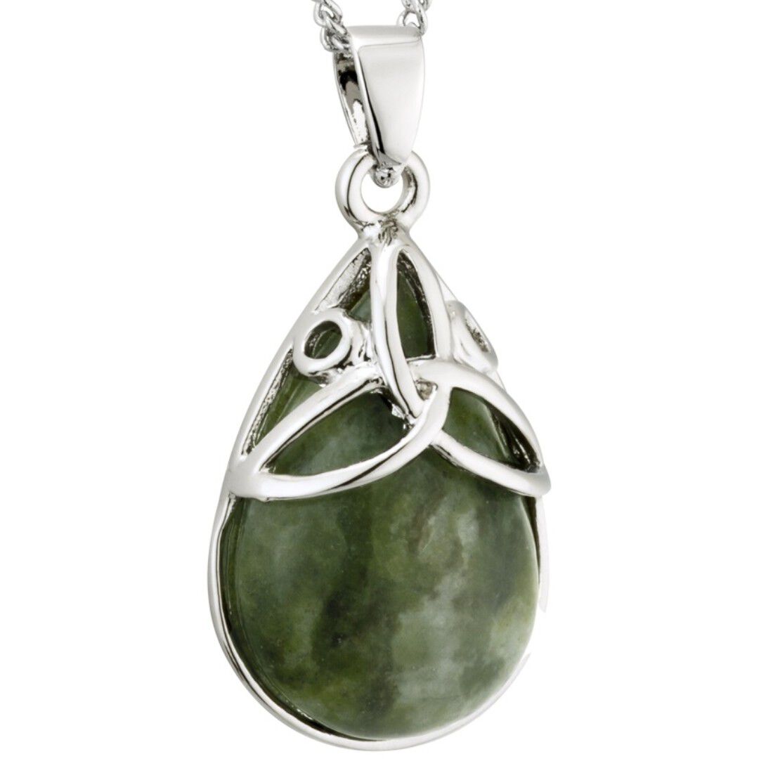 Rhodium Plated Connemara Marble Oval Design Trinity Knot Necklace