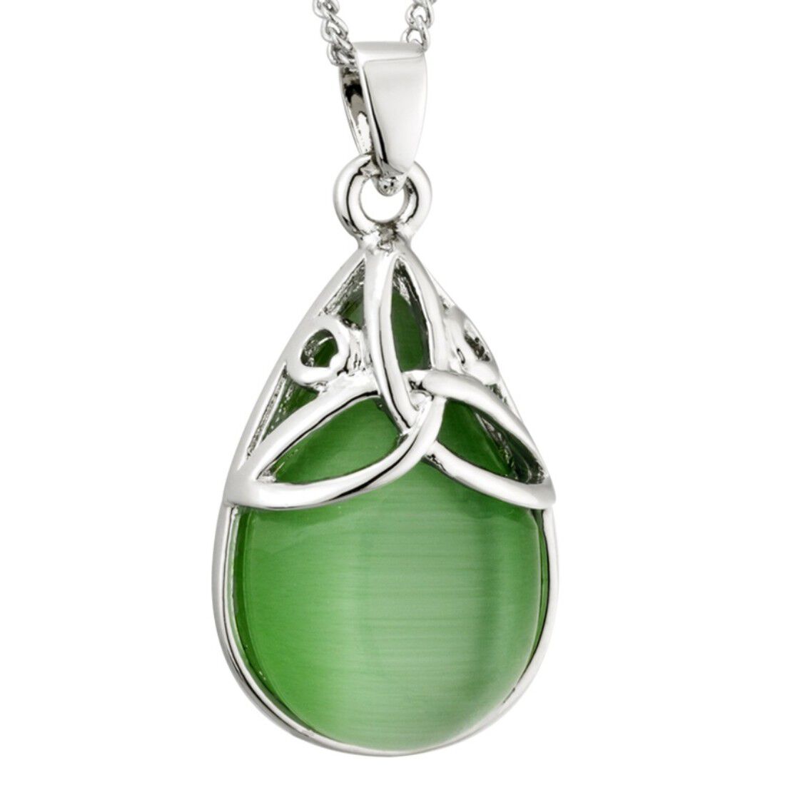 Rhodium Plated Green Cat Eye Oval Design Trinity Knot Necklace