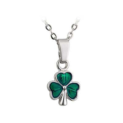 Rhodium Plated Mini Shamrock Necklace With Green Glass Inlay