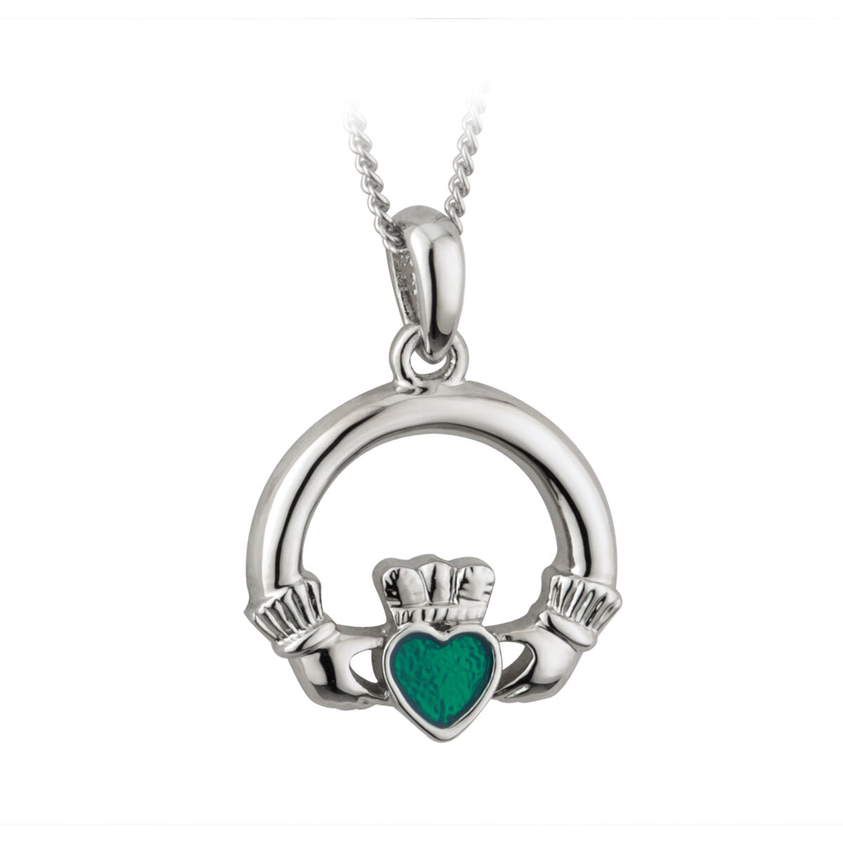Silver Plated Claddagh Necklace With Emerald Cubic Zirconia Stone