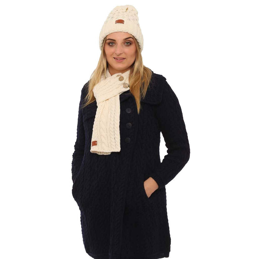 Cream Wrap Scarf With Cable Knitted Design & Three Buttons