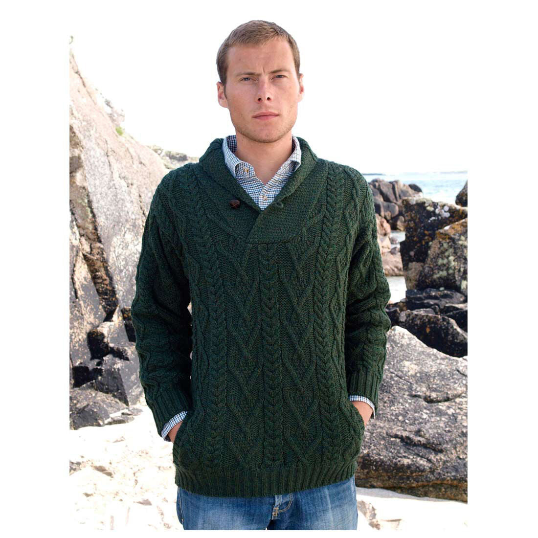 Men's Shawl Collar Aran Green Jumper