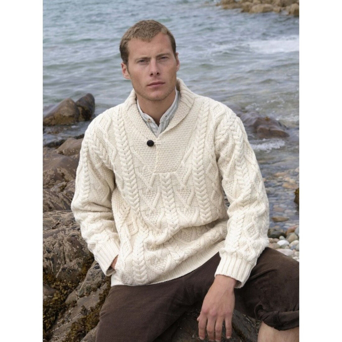 Men's Shawl Collar Aran Jumper