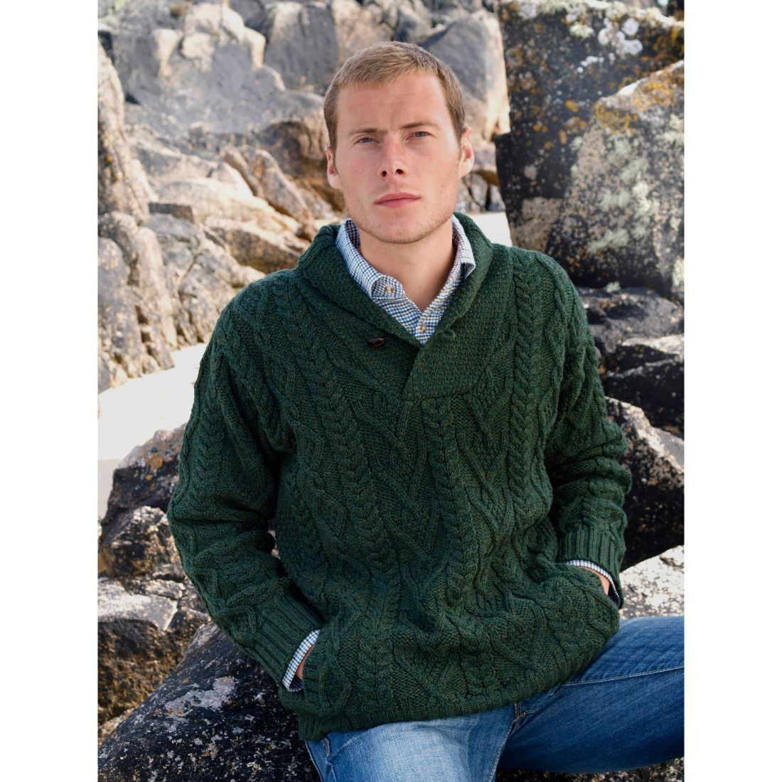 Men's Shawl Collar Aran Green Jumper
