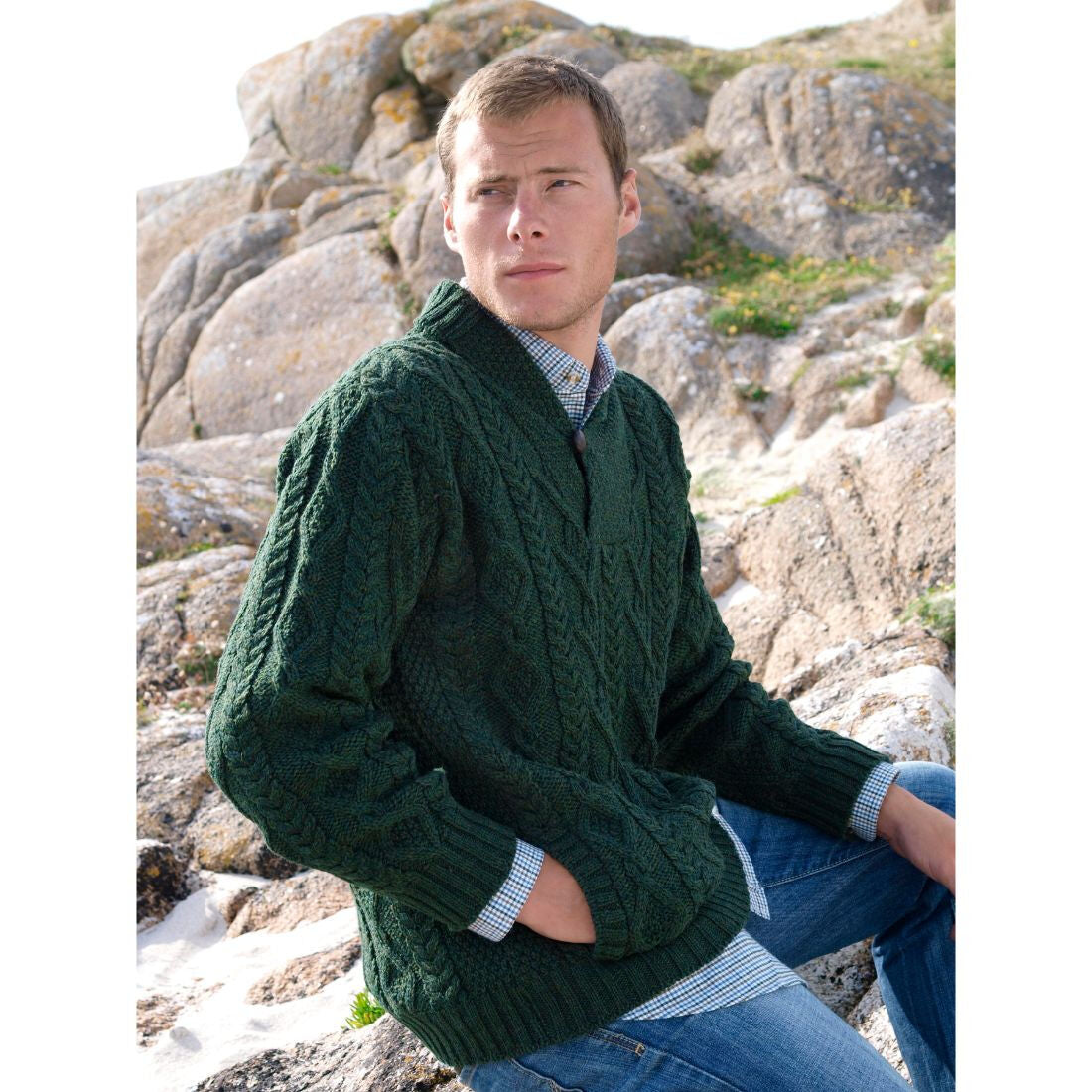 Men's Shawl Collar Aran Green Jumper