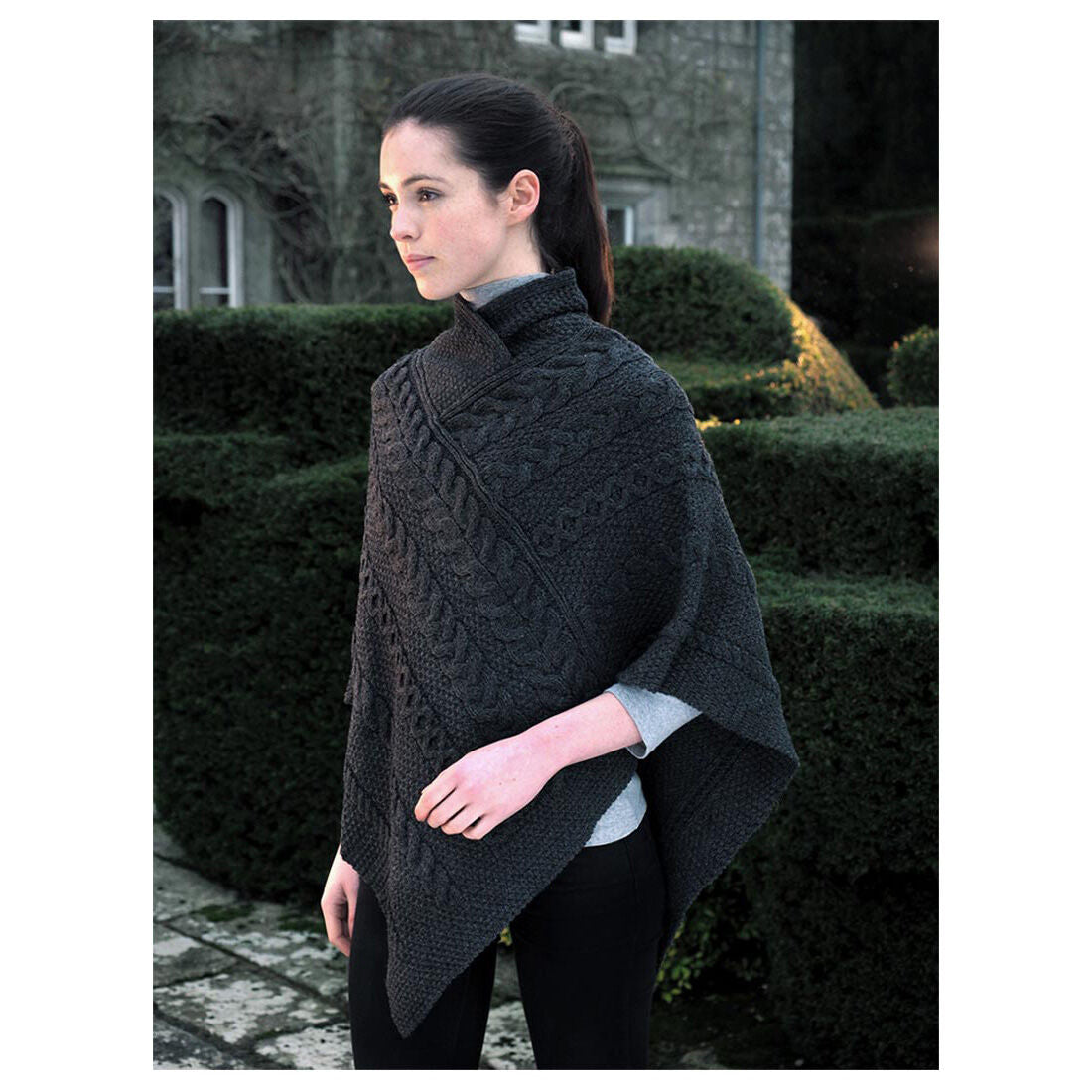 Ladies Aran Cable Knit Charcoal Poncho