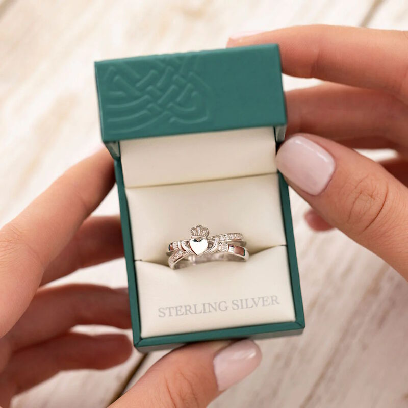 Ladies Hallmarked Sterling Silver Claddagh Cross Ring With Clear Crystals