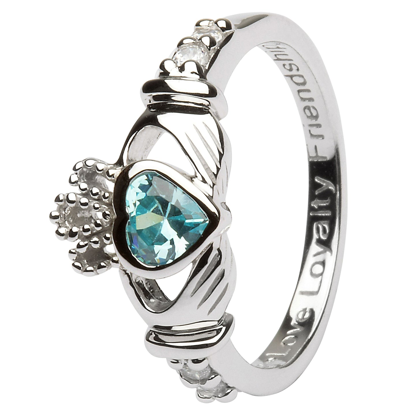 Platinum Plated Claddagh Birthstone Ring March