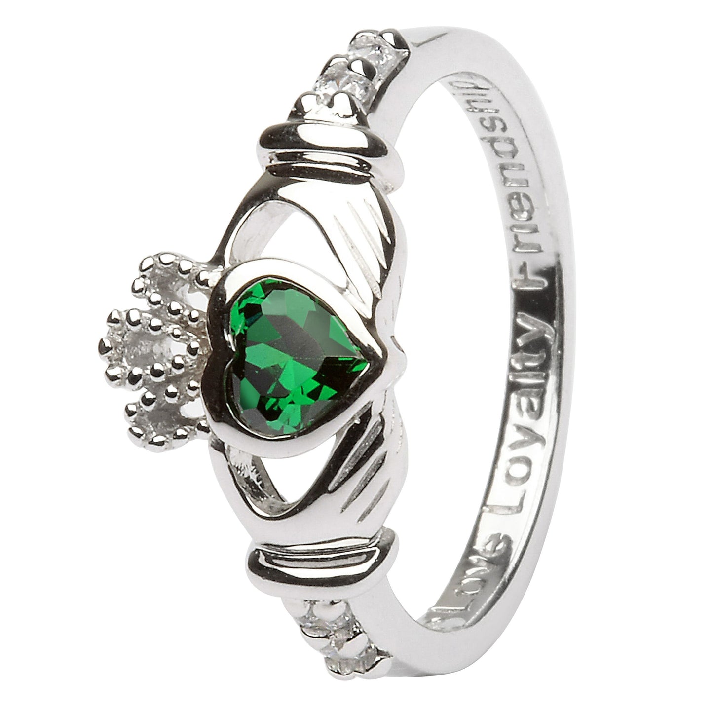 Platinum Plated Claddagh May Birthstone Ring