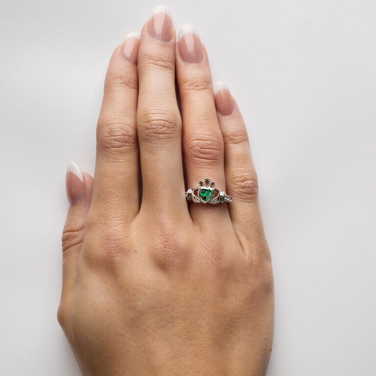 Platinum Plated Claddagh May Birthstone Ring