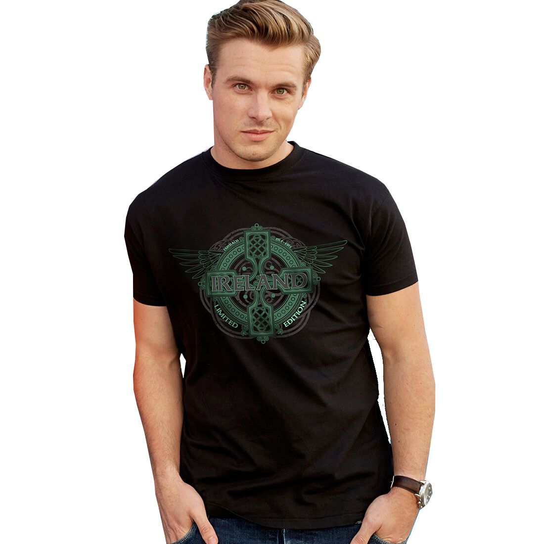 Man wearing black t-shirt with green Celtic cross and Ireland text