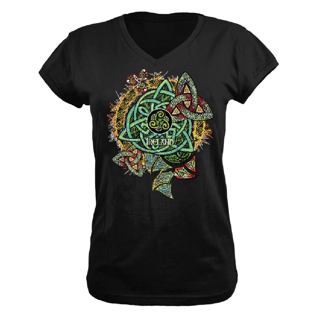Ladies Black V-Neck T-Shirt with Ireland Celtic Knots T-Shirt