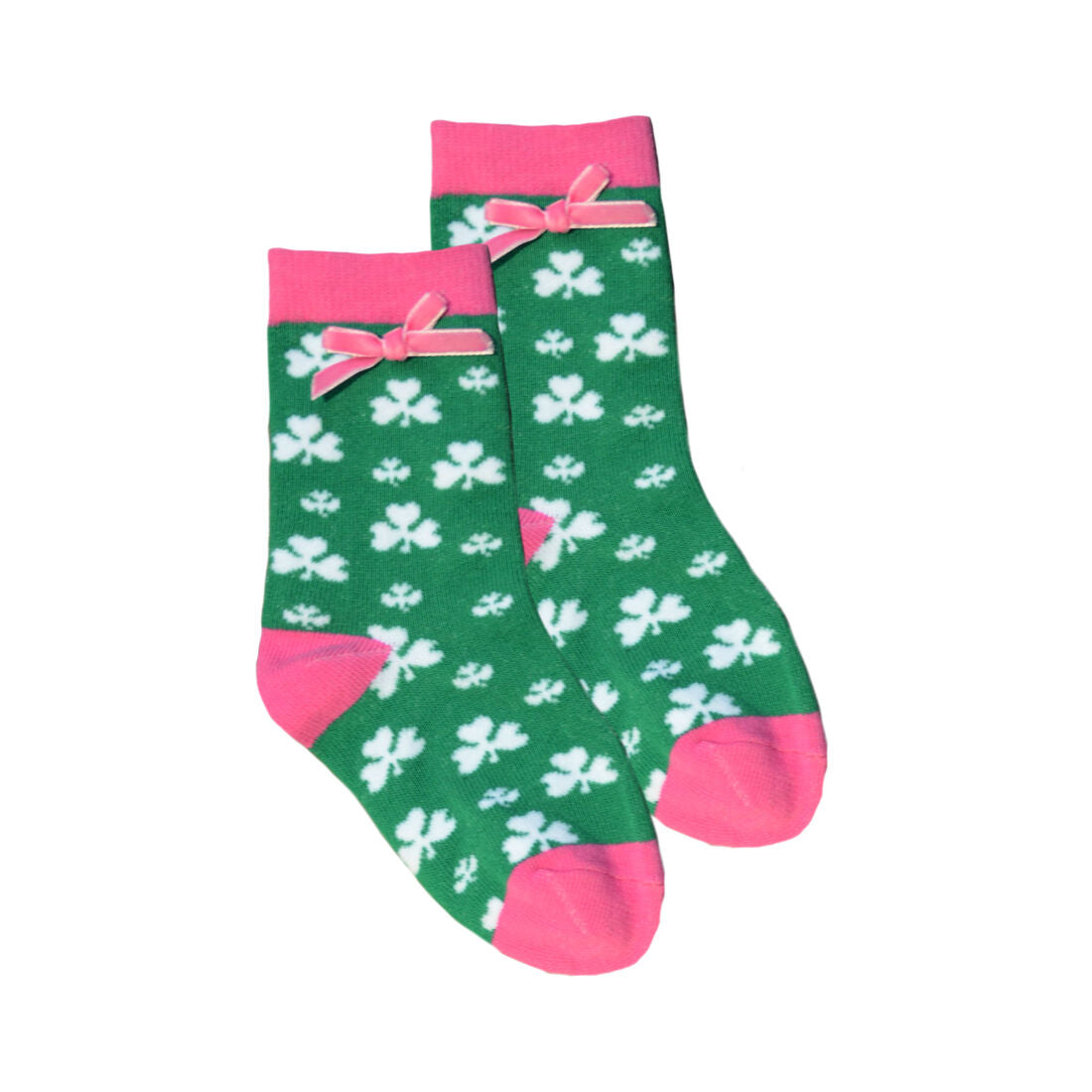 Kid's White Shamrock Print With Pink Ribbons Socks