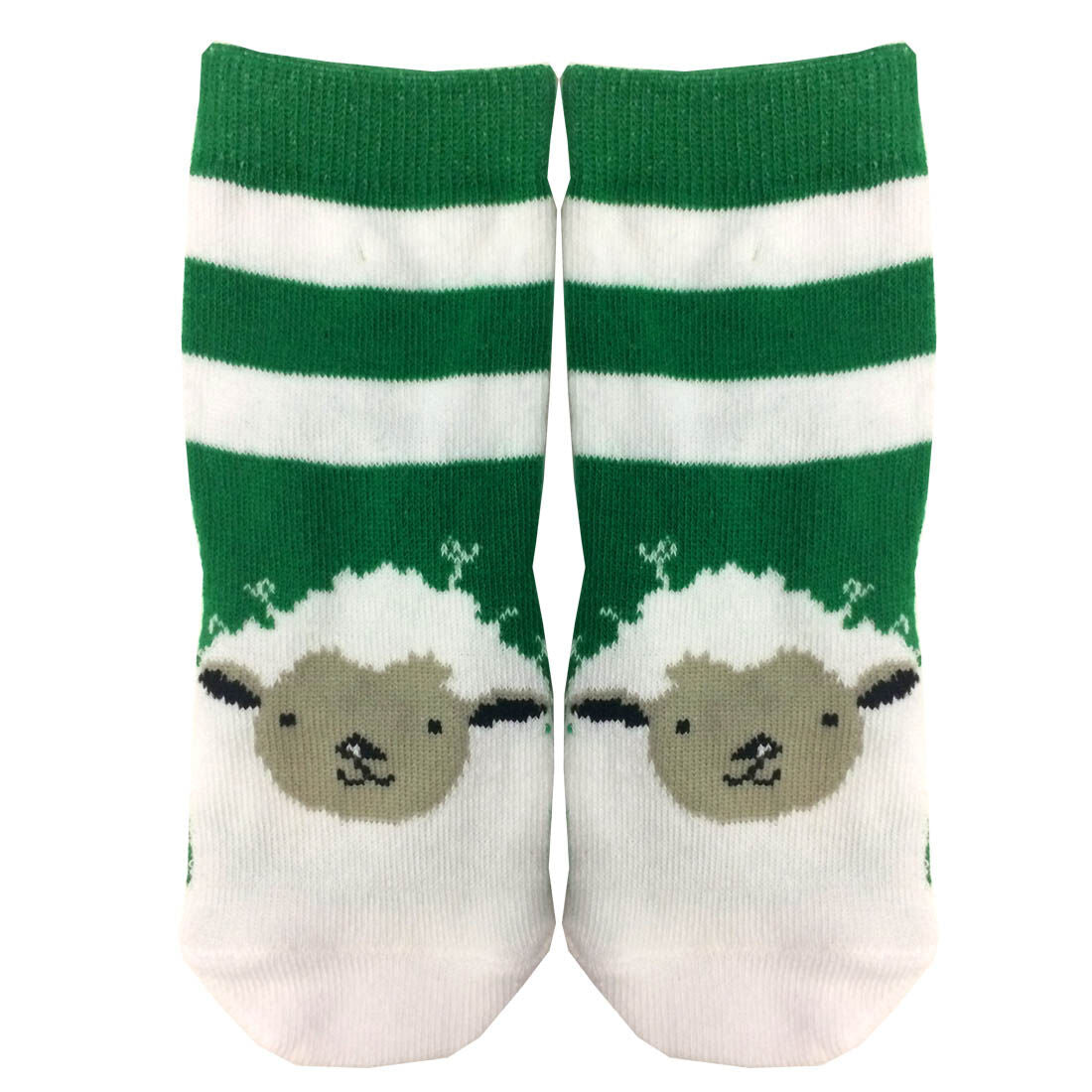 White Kids Lucky Irish Socks With Green Stripes & Sheep Design