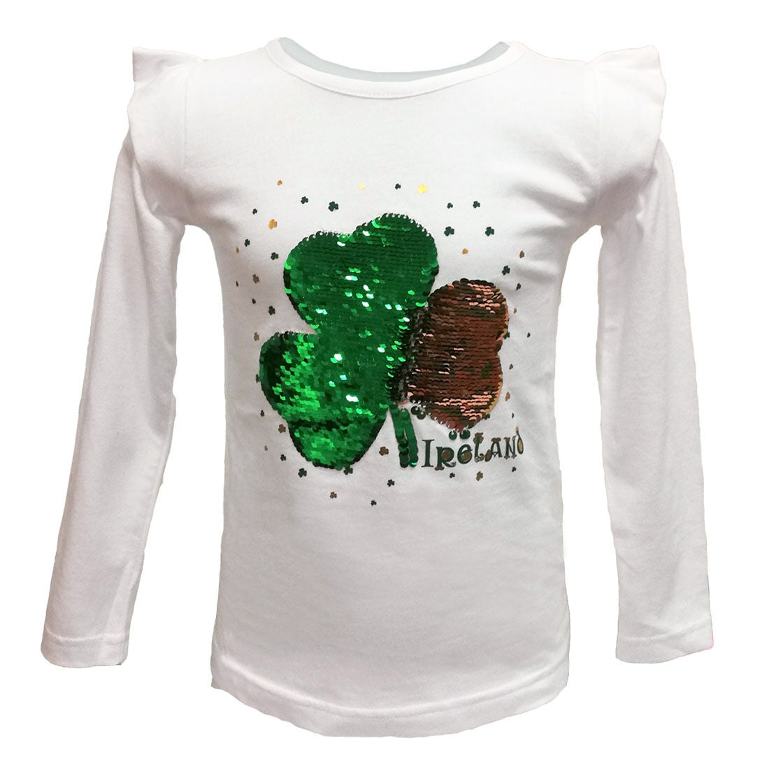 Girls Shamrock Ireland Green Sequin White Long Sleeve T-Shirt