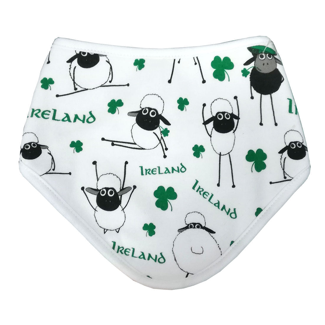 White Irish Cotton Bandana Bib With Sheep and Shamrock Design