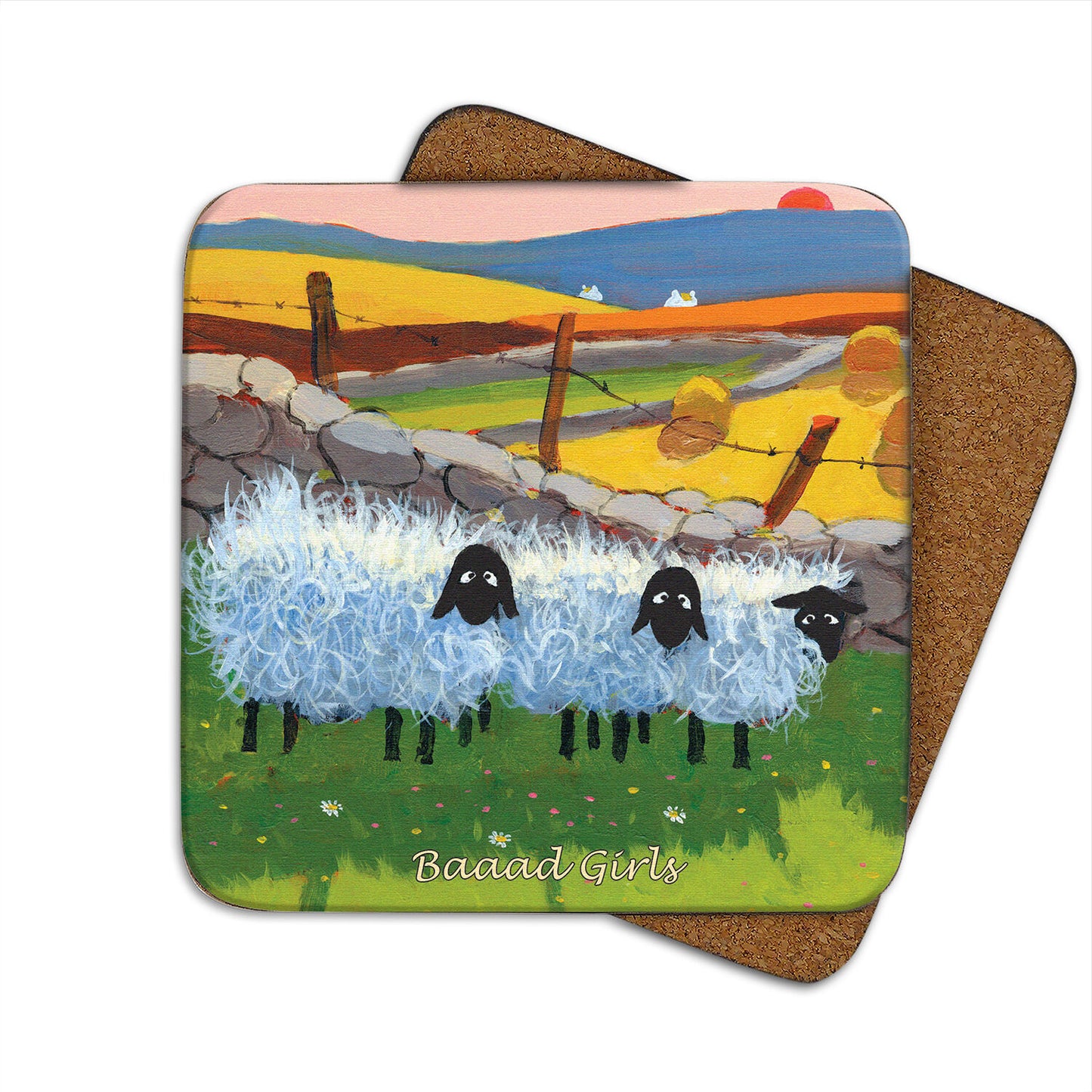 Irish Coaster With Fluffy Sheep In A Field With The Text 'baaad Girls'