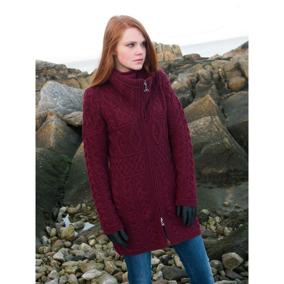 Ladies Merino Double Collar Aran Wine Coat