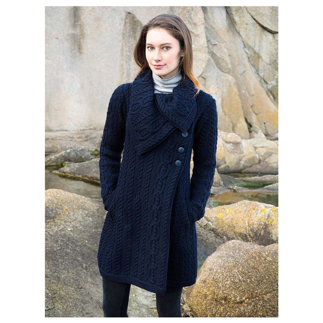 Ladies Chunky Collar Navy Aran Coat