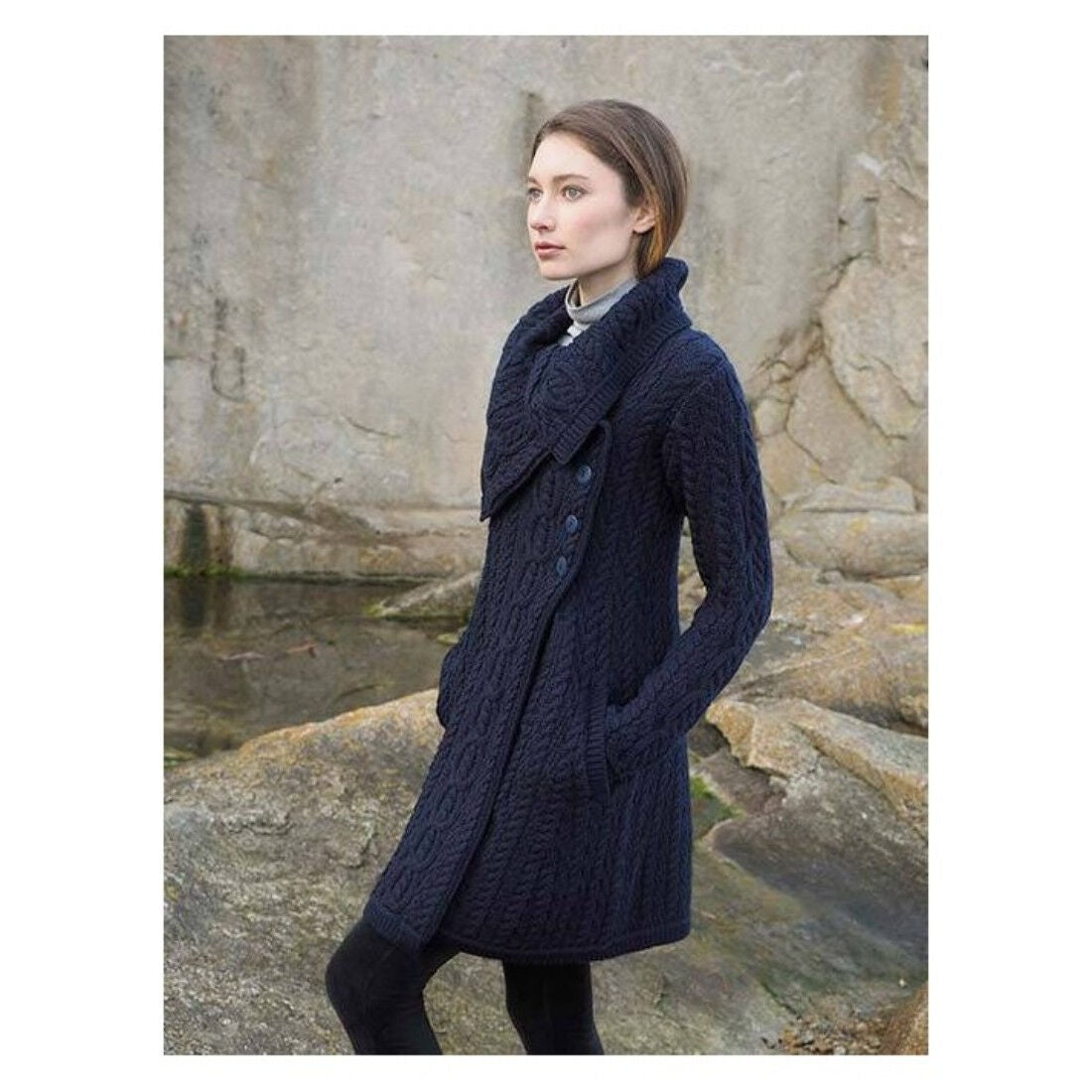 Ladies Chunky Collar Navy Aran Coat