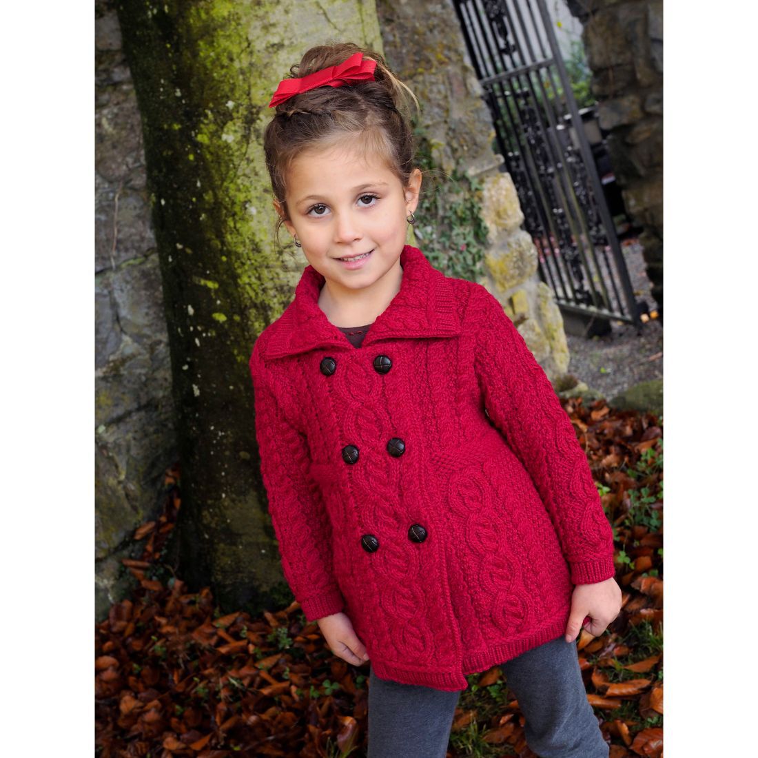 Kids Double Breasted Aran Garnet Red Cardigan