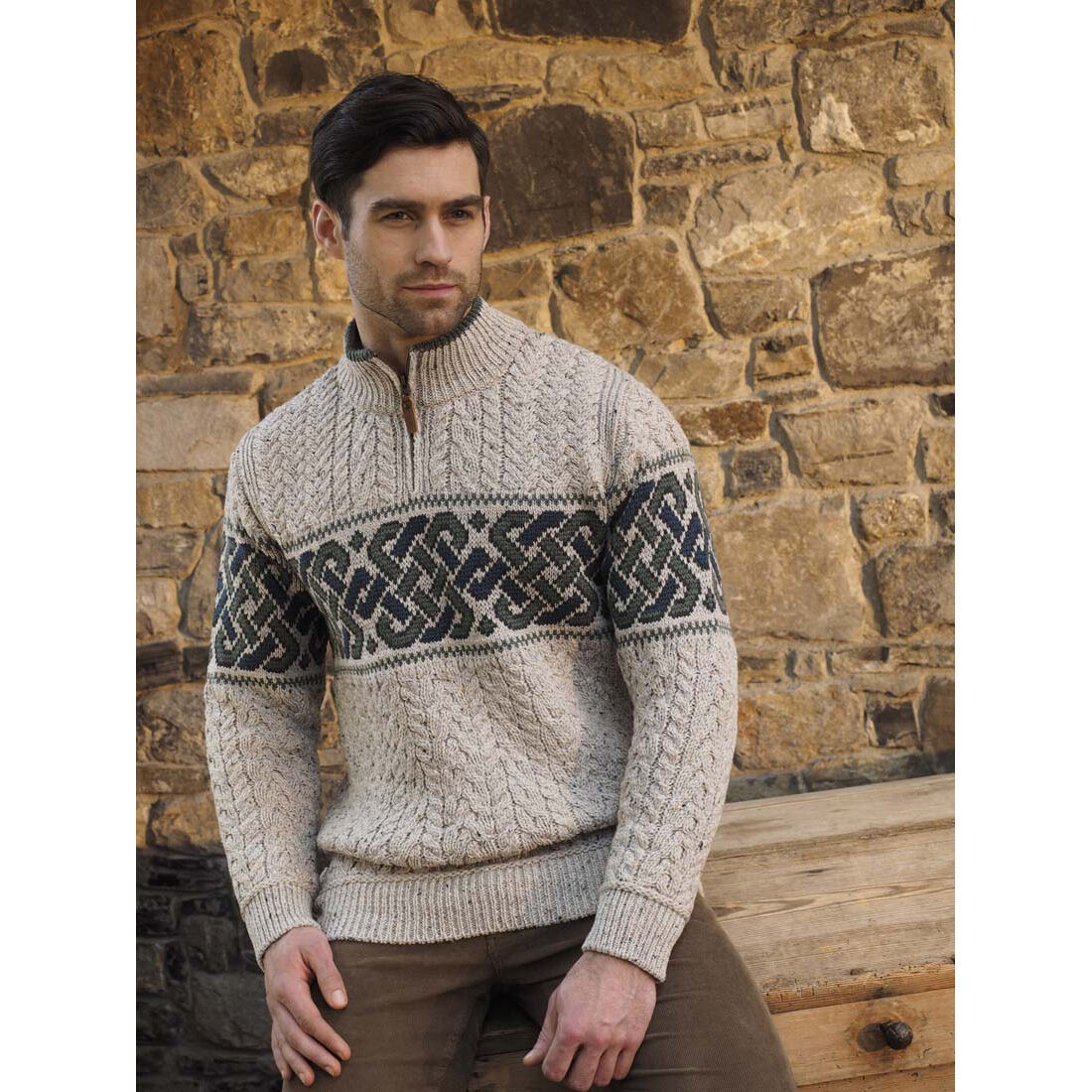 Men's Half-zipped Aran Jacquard Celtic Sweater