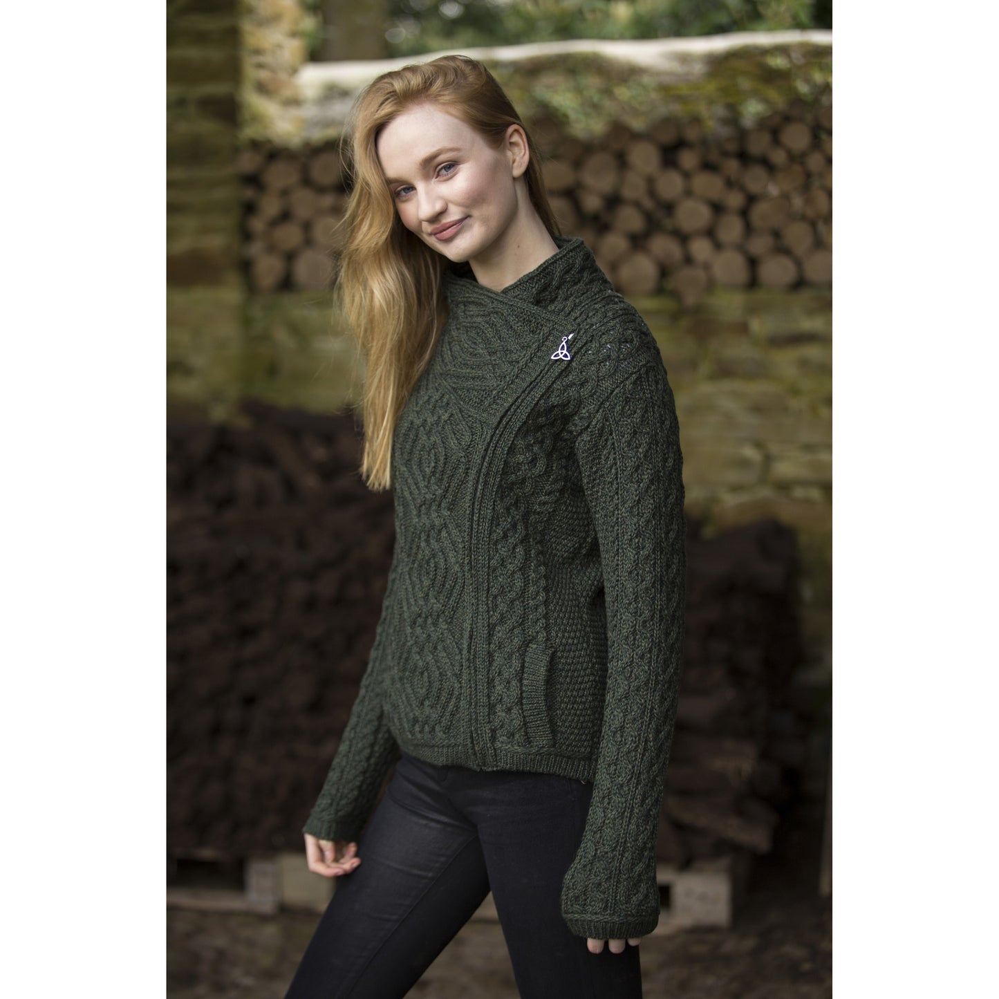 Ladies Aran Cable Knit Side Zip Green Cardigan