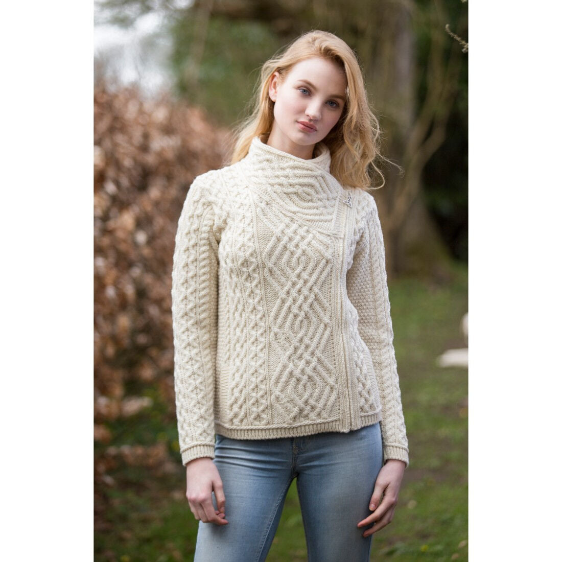 Ladies Aran Cable Knit Side Zip Natural Cardigan