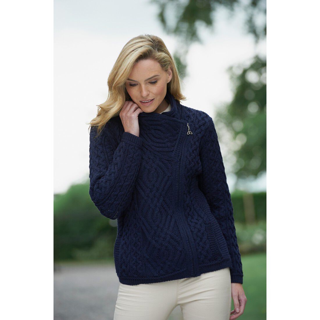 Ladies Aran Knit Trinity Zip Navy Cardigan