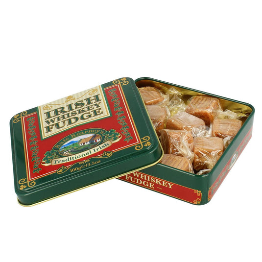 Open tin of individually wrapped Irish whiskey fudge pieces