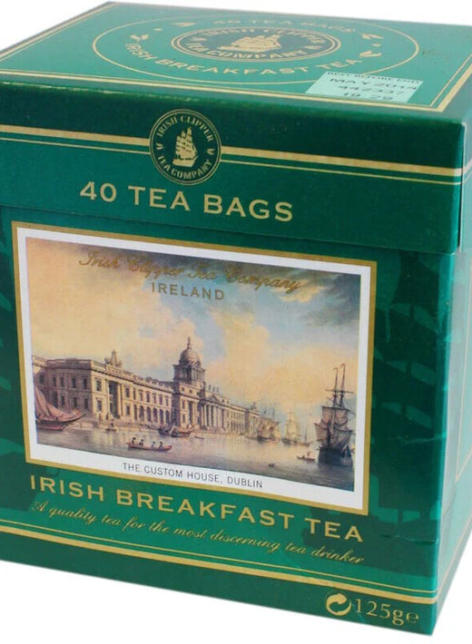 Green box of Irish Breakfast Tea with vintage Dublin Custom House illustration