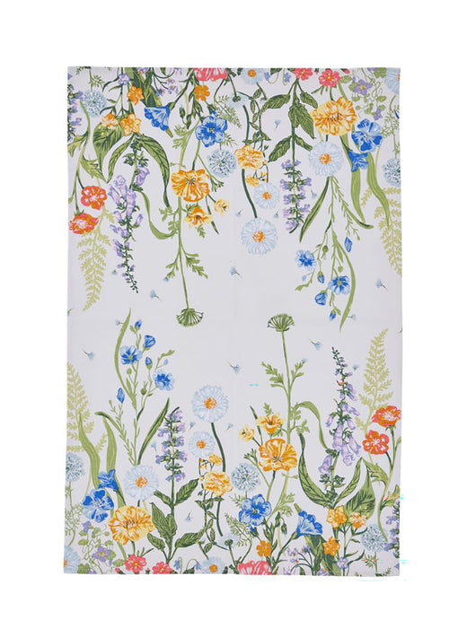 Cottage Garden Cotton Tea Towel with a dense floral pattern of daisies and wildflowers in bright colors on a white background.