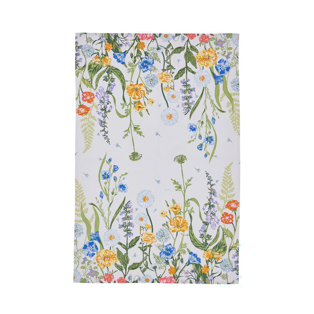 Cottage Garden Cotton Tea Towel with a dense floral pattern of daisies and wildflowers in bright colors on a white background.