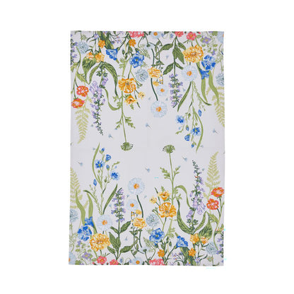 Cottage Garden Cotton Tea Towel with a dense floral pattern of daisies and wildflowers in bright colors on a white background.