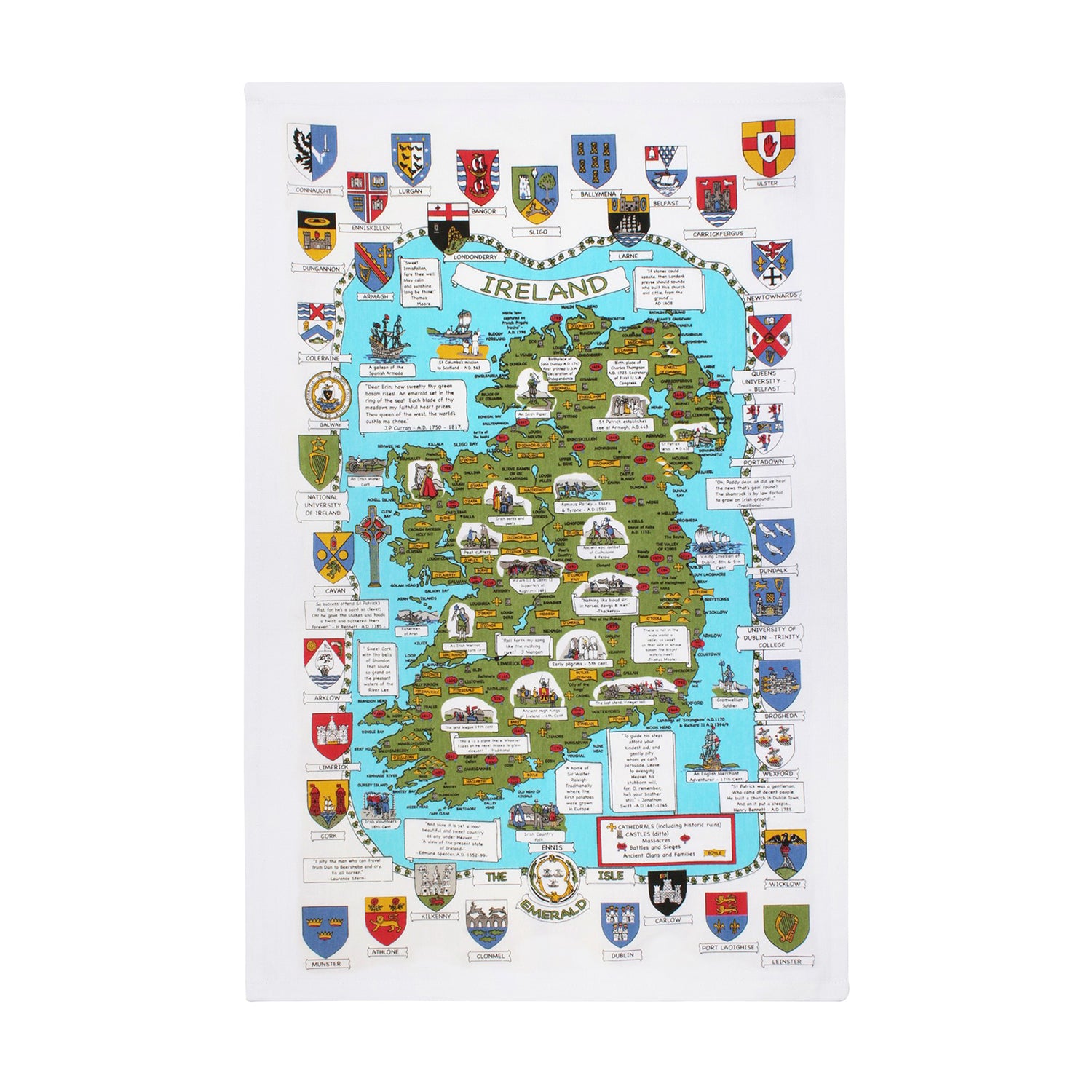 Cotton tea towel with a colorful illustrated map of Ireland surrounded by coats of arms on a white background