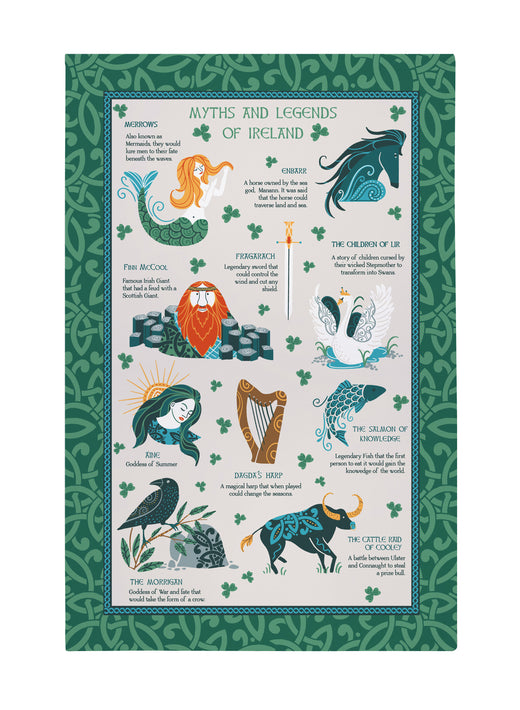 Illustrations and descriptions of Irish myths and legends with decorative green border