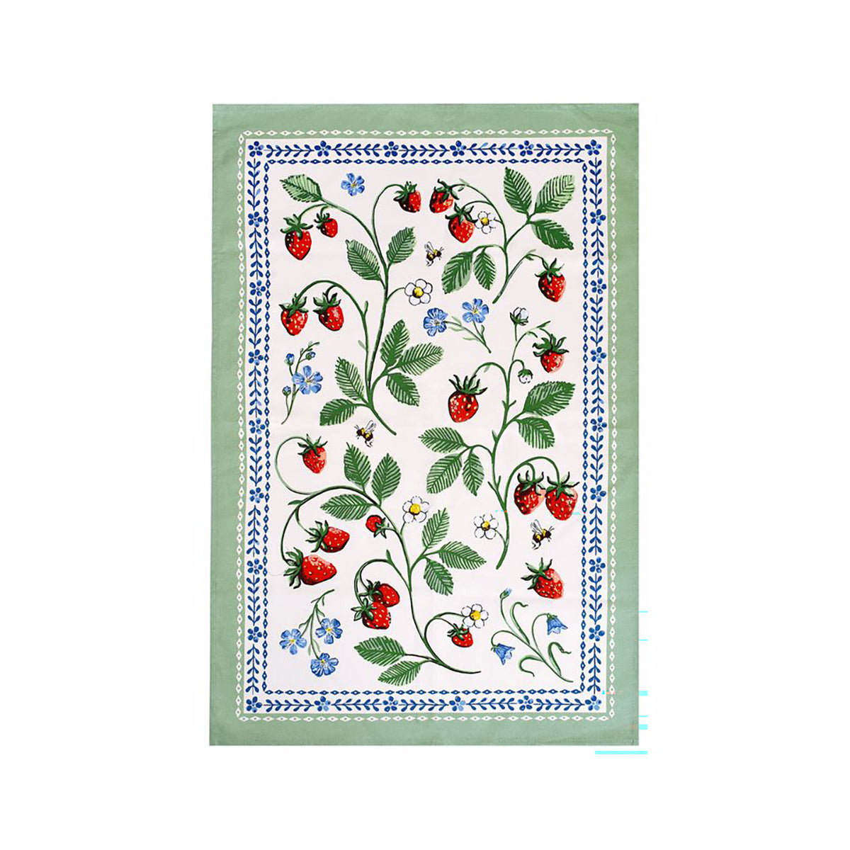 Strawberry Patch Cotton Tea Towel with green outer border and blue floral frame on white