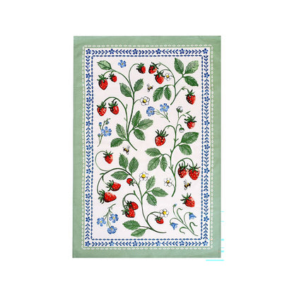 Strawberry Patch Cotton Tea Towel with green outer border and blue floral frame on white