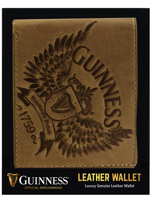 Brown leather wallet with Guinness logo and decorative wing design