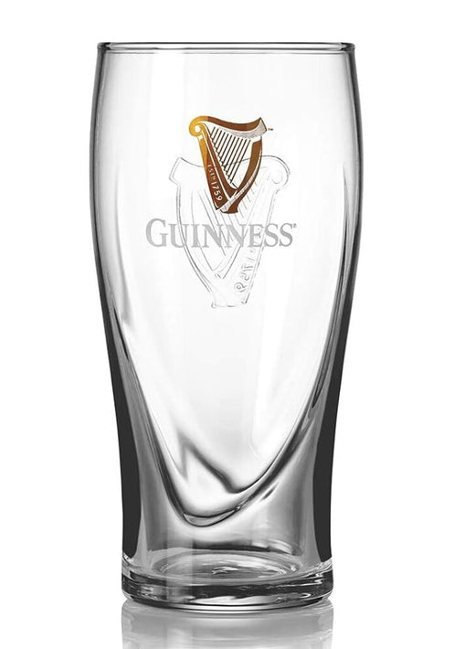 Clear pint glass with Guinness harp logo and text