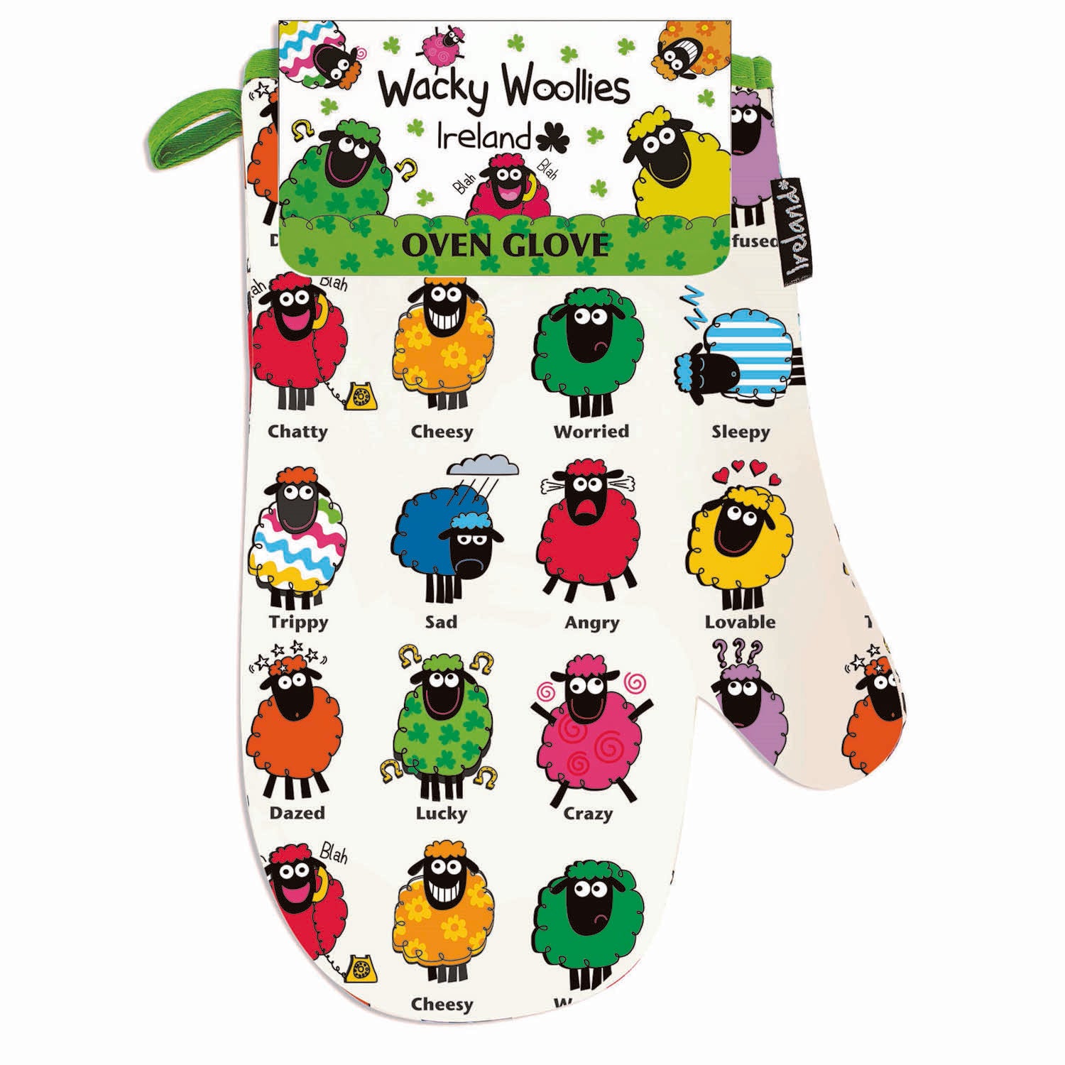 Wacky Woollies Ireland Oven Glove with colorful cartoon sheep pattern.