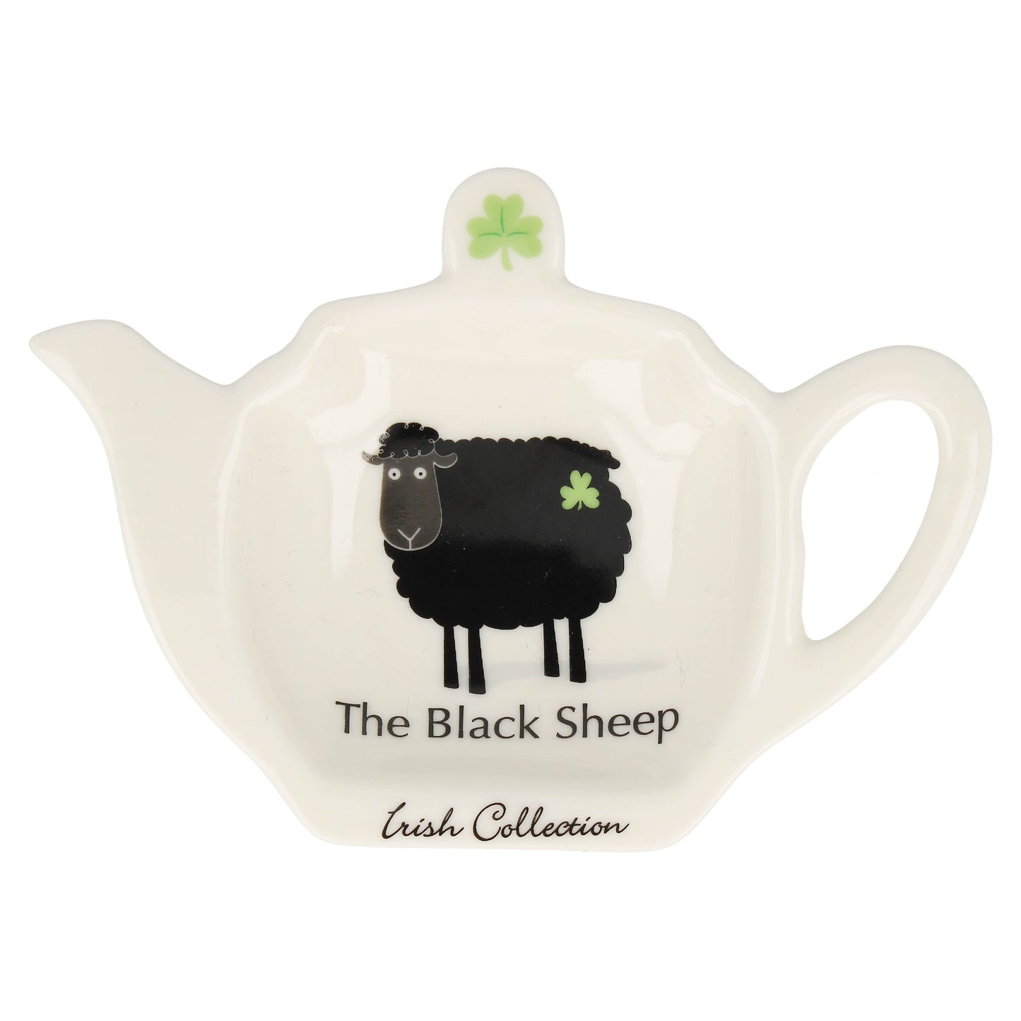 White teapot shaped ceramic tea bag holder with a black sheep and a green shamrock on the lid