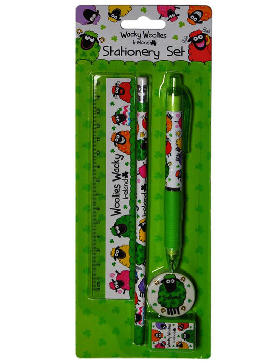 Stationery set with ruler, pencil, pen, sharpener, and eraser with colorful sheep