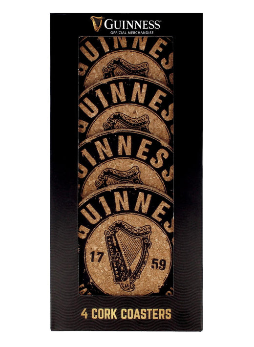 Set of four round cork coasters with Guinness harp logo and text